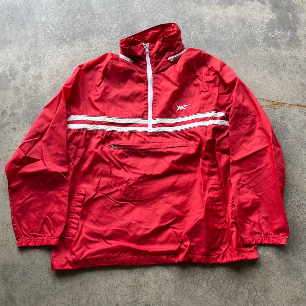 Vintage Asics Tiger Anorak Windbreaker Jacket Red White Stripe Pullover Mens XL